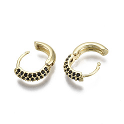Black Brass Micro Pave Cubic Zirconia Huggie Hoop Earrings, Real 18K Gold Plated, Nickel Free, Ring, Black, 13x15.5x4mm, Pin: 0.8mm