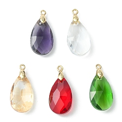 Mixed Color Brass with Glass Pendants, Faceted Teardrop Charm, Mixed Color, 22x13x7mm, Hole: 1.4mm