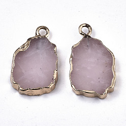 Rose Quartz Natural Rose Quartz Pendants, with Light Gold Plated Edge and Iron Loop, Nuggets, 19~21x12x3mm, Hole: 1.6mm