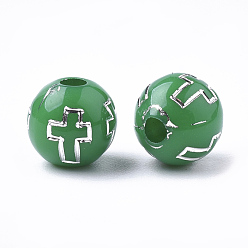 Green Plating Acrylic Beads, Silver Metal Enlaced, Round with Cross, Green, 8mm, Hole: 2mm, about 1800pcs/500g