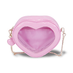 Pearl Pink PU Leather Crossbody Bags, Heart Shaped Women Bags, with Clear Window & Iron Curb Chains Bag Straps, Pearl Pink, 170x200x70mm