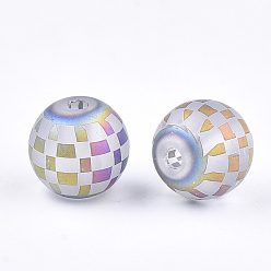 Colorful Electroplate Glass Beads, Plaid Beads, Frosted, Round with Tartan Pattern, Colorful, 8~8.5mm, Hole: 1.5mm