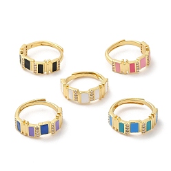 Mixed Color Enamel Rectangle Adjustable Ring with Cubic Zirconia, Real 18K Gold Plated Brass Ring, Cadmium Free & Lead Free, Mixed Color, US Size 6(16.5mm)