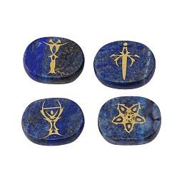 Lapislázuli Conjunto de piedra ovalada con patrón de símbolo de tarot grabado lapislázuli natural, piedra de palma de bolsillo para el equilibrio de reiki, decoraciones de exhibición casera, 20x25x6.5 mm, 4 PC / sistema