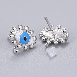 Real Platinum Plated Brass Stud Earring Findings, with Enamel and Plastic Ear Nuts, Long-Lasting Plated, Evil Eye, Real Platinum Plated, 12.5x13mm, Hole: 1.2mm, Pin: 0.9mm