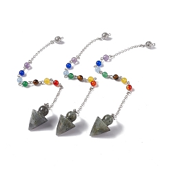Labradorite Natural Labradorite Cone Dowsing Pendulum Pendants, with Chakra Gemstone Round Beads, Rack Plating Platinum Tone Brass Findings & Chains, 235mm