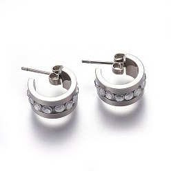 Stainless Steel Color 304 Stainless Steel Stud Earrings, Half Hoop Earrings, with Rhinestone and Ear Nuts, Stainless Steel Color, 14mm, Pin: 0.8mm
