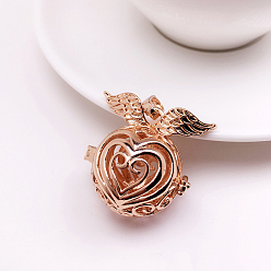 Light Gold Brass Bead Cage Pendants, Hollow Heart Charms with Wing, for Chime Ball Pendant Necklaces Making, Light Gold, 18mm