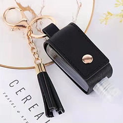 Black Plastic Hand Sanitizer Bottle with PU Leather Cover, Portable Travel Squeeze Bottle Keychain Holder, Black, 100x32mm