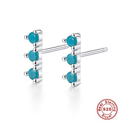 Turquoise Platinum Rhodium Plated Sterling Silver Micro Pave Cubic Zirconia Stud Earrings for Women, Rectangle Bar, Turquoise, 9x3mm