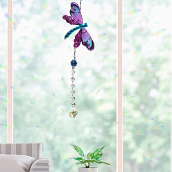 Dark Violet Glass Teardrop & Octagon Pendant Decorations, with Metal Dragonfly Link and Iron Findings, for Garden Outdoor Decoration, Dark Violet, 450mm