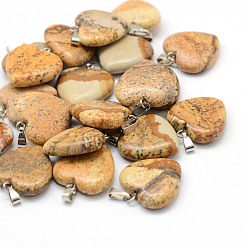Picture Jasper Heart Natural Picture Jasper Pendants, with Platinum Tone Brass Findings, 20~22x20~21x5~8mm, Hole: 2x7mm