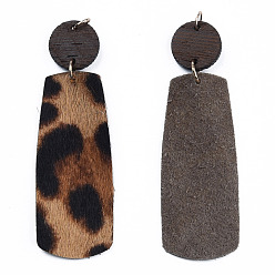 Camel Eco-Friendly Cowhide Leather Big Pendants, with Dyed Wood and 304 Stainless Steel Jump Rings, Rectangle with Leopard Print, Camel, 75mm