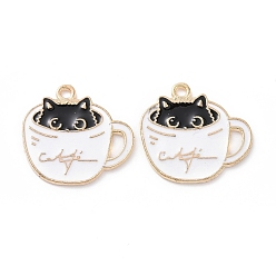 White Alloy Enamel Pendants, Light Gold, Cup with Cat Charm, White, 18.5x20x1mm, Hole: 1.5mm