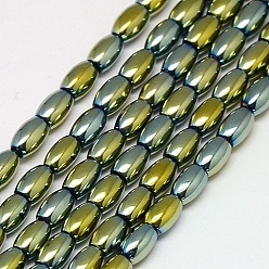 Green Plated Electroplate Non-magnetic Synthetic Hematite Beads Strands, Rice, Grade A, Green Plated, 6x4mm, Hole: 1mm, about 65pcs/strand, 16 inch