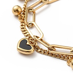 Golden Acrylic Heart and Round Ball Charm Multi-strand Bracelet, Vacuum Plating 304 Stainless Steel Double Layered Chains Bracelet for Women, Golden, 7-1/2 inch(19cm)