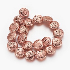 Rose Gold Plated Electroplated Natural Lava Rock Beads Strands, Long-Lasting Plated, Flat Round, Rose Gold Plated, 19~20x6.5~7mm, Hole: 1mm, about 20pcs/strand, 14.56 inch(37cm)