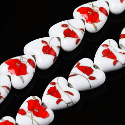 Rouge Brins de perles en céramique de porcelaine faites à la main, fleur imprimée, cœur, rouge, 15x15x7mm, Trou: 3mm, Environ 23 pcs/chapelet, 12.8 pouces (32.5 cm)