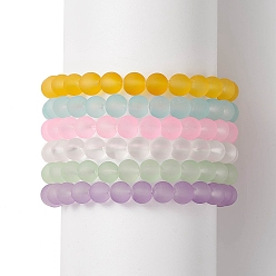 Mixed Color Frosted Glass Round Beaded Stretch Bracelet Sets for Women, Mixed Color, Inner Diameter: 2-1/2 inch(6.5cm), 6pcs/set