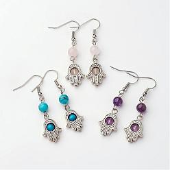 Mixed Stone Tibetan Style Alloy Dangle Earring, Natural & Synthetic Mixed Stone Beads, with Brass Earring Hooks, Hamsa Hand/Hand of Fatima/Hand of Miriam, 48mm, Pin: 0.8mm