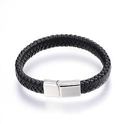 Black Braided Leather Cord Bracelets, with Alloy Magnetic Clasps, Platinum, Black, 9 inch(230mm)x11mm