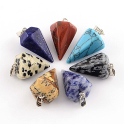 Mixed Stone Cone/Spike/Pendulum Natural & Synthetic Mixed Stone Pendants, with Platinum Plated Iron Findings, 25~27x14x14mm, Hole: 6x3mm