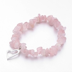 Rose Quartz Alloy Charm Bracelets, Heart, with Natural Rose Quartz Chip Beads and Elastic Crystal Thread, Silver Color Plated, 2-1/4 inch(55mm)