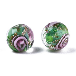 Vert Perles au chalumeau de sable d'or faites à la main , fleur intérieure, ronde, verte, 8x7~8mm, Trou: 1.4mm