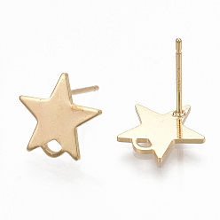 Real 18K Gold Plated Brass Stud Earring Findings, with Loop and Flat Plate, Star, Real 18K Gold Plated, 11x11.5mm, Hole: 1.2mm, Pin: 0.7mm