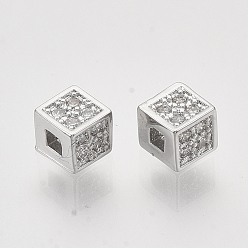 Platinum Brass Micro Pave Cubic Zirconia Beads, Nickel Free, Cube, Clear, Real Platinum Plated, 4x4x4mm, Hole: 1.4mm