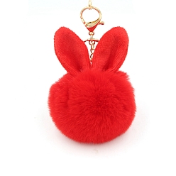 Red Easter Rabbit Faux Fluffy Ball Pendant Keychains, with Alloy Finding, Red, 90~100mm