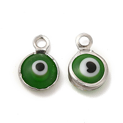 Green 304 Stainless Steel with Glass Enamel Charms, Stainless Steel Color, Flat Round with Evil Eye Pattern, Green, 9.5x6.5x2.5mm, Hole: 1.6mm
