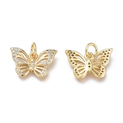 Real 18K Gold Plated Brass Micro Pave Clear Cubic Zirconia Charms, with Jump Rings, Long-Lasting Plated, Butterfly, Real 18K Gold Plated, 14~15x9.5x2mm, Jump Ring: 5x1mm, Hole: 3.5mm
