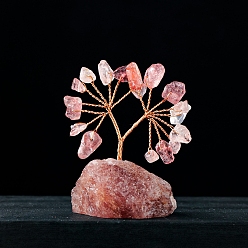 Cuarzo Fresa Adornos naturales para árboles con chips de cuarzo de fresa, Base de piedras preciosas con alambre de cobre, regalo de piedra energética feng shui para decoración de escritorio de oficina en casa, 5.5~7.5x3.5~5.5 cm