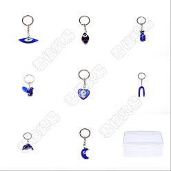 Blue PandaHall Elite 8Pcs 8 Style Glass Keychains, with Platinum Iron Findings, Mixed Shapes, Blue, 7~10cm, 1pc/style
