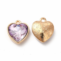 Lila Colgantes de diamantes de imitación de cristal facetado, con hallazgos de aleación de zinc de tono dorado, encantos del corazón, lila, 16.5x14x6.5 mm, agujero: 1.6 mm