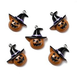 Dark Orange Halloween Opaque Resin Pendants, with Platinum Tone Iron Loops, Pumpkin with Witch Hat, Dark Orange, 29x26x7mm, Hole: 2mm