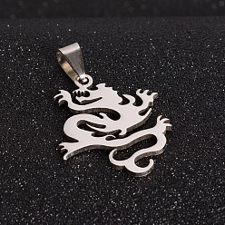 Stainless Steel Color 201 Stainless Steel Dragon Pendants, Stainless Steel Color, 31x25x1.5mm, Hole: 4x9mm