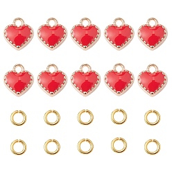 Red Heart Alloy Enamel Charms, with Brass Open Jump Rings, Red, Charms: 8x7.5x2.5mm, hole: 1.5mm, 10pcs; Jump Rings: 20 Gauge, 4x0.8mm, Inner Diameter: 2.4mm, 10pcs