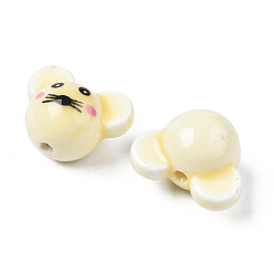 Lemon Chiffon Handmade Porcelain Beads, Famille Rose Style, Mouse, Lemon Chiffon, 12.5x15.5x11mm, Hole: 1.6mm