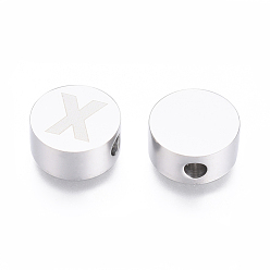 Letter X 304 Stainless Steel Beads, Flat Round with Letter, Letter.X, 10x4.5mm, Hole: 2mm