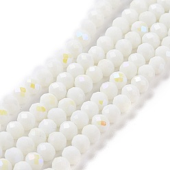 White Electroplate Opaque Solid Color Glass Beads Strands, Half Rainbow Plated, Faceted, Rondelle, White, 6x5mm, Hole: 1mm, about 85~88pcs/strand, 16.1~16.5 inch(41~42cm)
