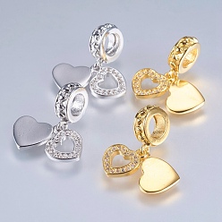 Mixed Color Brass Cubic Zirconia European Dangle Charms, Heart, Mixed Color, 20mm, Hole: 4mm, Pendant: 8x8~9x1mm