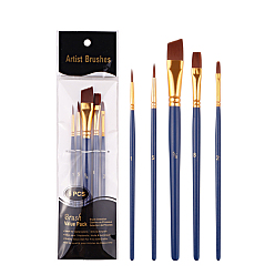 Midnight Blue Painting Brush Set, Nylon Brush Head with Wooden Handle and Gold Plated Aluminium Tube, for Watercolor Painting Artist Professional Painting, Midnight Blue, 18~20.2cm, 5pcs/set