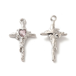 Pink Rack Plating Alloy Pandants, with Glass, Nickel Free, Cross with Heart Charms, Platinum, Pink, 27.5x16x4.5mm, Hole: 1.5mm