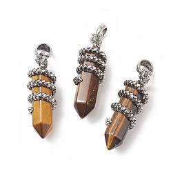 Tiger Eye Natural Tiger Eye Double Terminal Pointed Pendants, Faceted Bullet Charms with Antique Silver Tone Alloy Dragon Wrapped, 47x14.5x15mm, Hole: 7.5x6.5mm