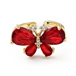 Red Cubic Zirconia Butterfly Open Cuff Ring, Real 18K Gold Plated Brass Jewelry for Women, Cadmium Free & Lead Free, Red, US Size 5 1/2(16.1mm)