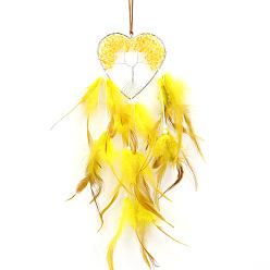 Citrine Heart with Tree of Life Natural Citrine Chip Wind Chimes Pendant Decorations, with Feather, for Home Bedroom Hanging Decorations, 500mm