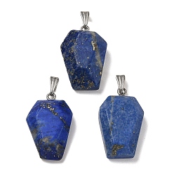 Lapis Lazuli Natural Lapis Lazuli Pendants, Faceted Hexagon Charms with Rack Plating Stainless Steel Color Plated 201 Stainless Steel Snap on Bails, Cadmium Free & Lead Free, 28.5~31x18~20x7~8mm, Hole: 3x8mm