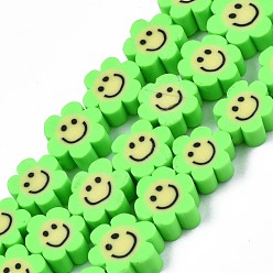 Lawn Green Handmade Polymer Clay Bead Strands, Flower with Smile, Lawn Green, 8~10x8~10x4~5mm, Hole: 1.2~1.6mm, about 38~40pcs/strand, 12.99 inch~15.94 inch(33~40.5cm)